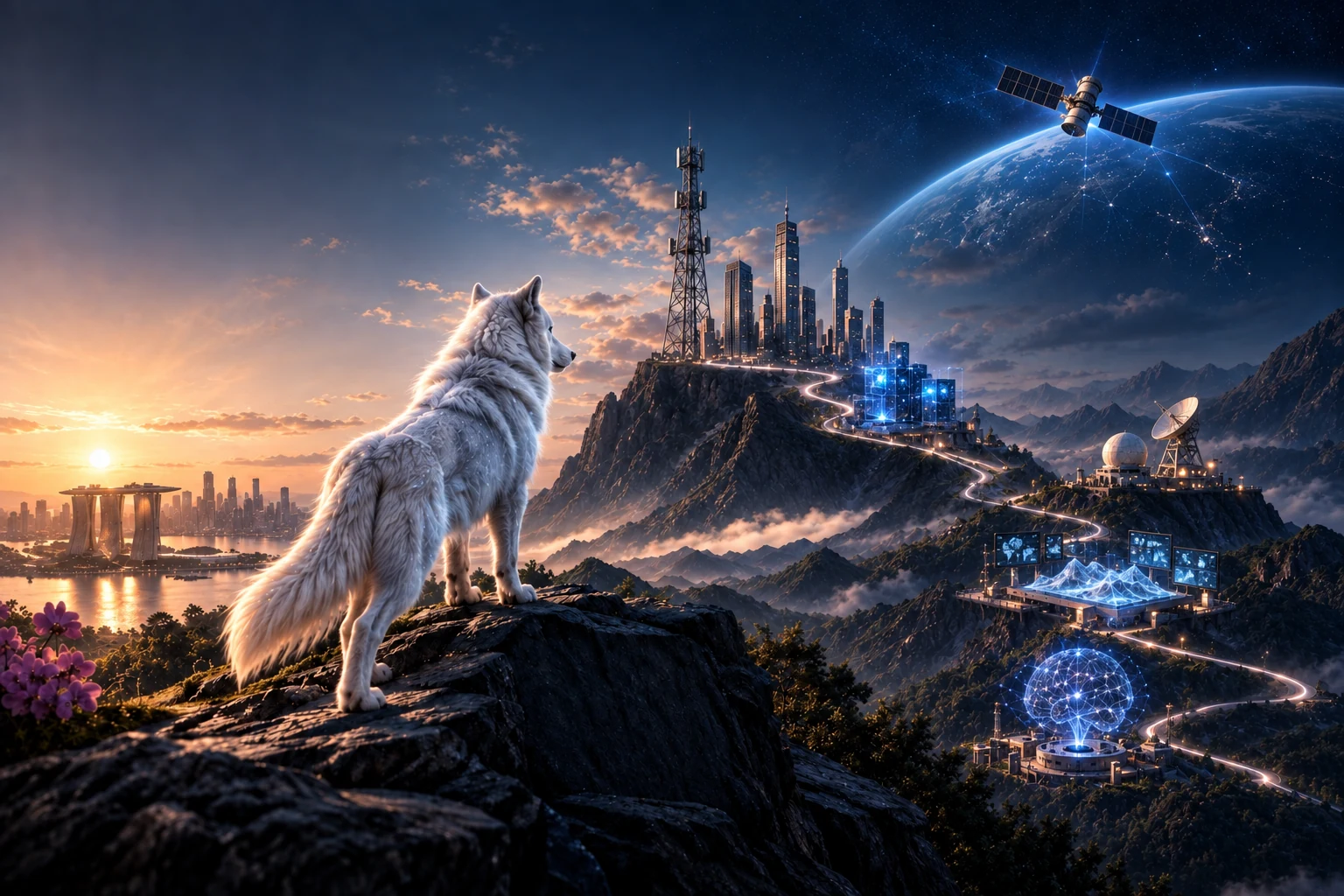 White wolf overlooking Singapore and an illuminated trail connecting technology landmarks.